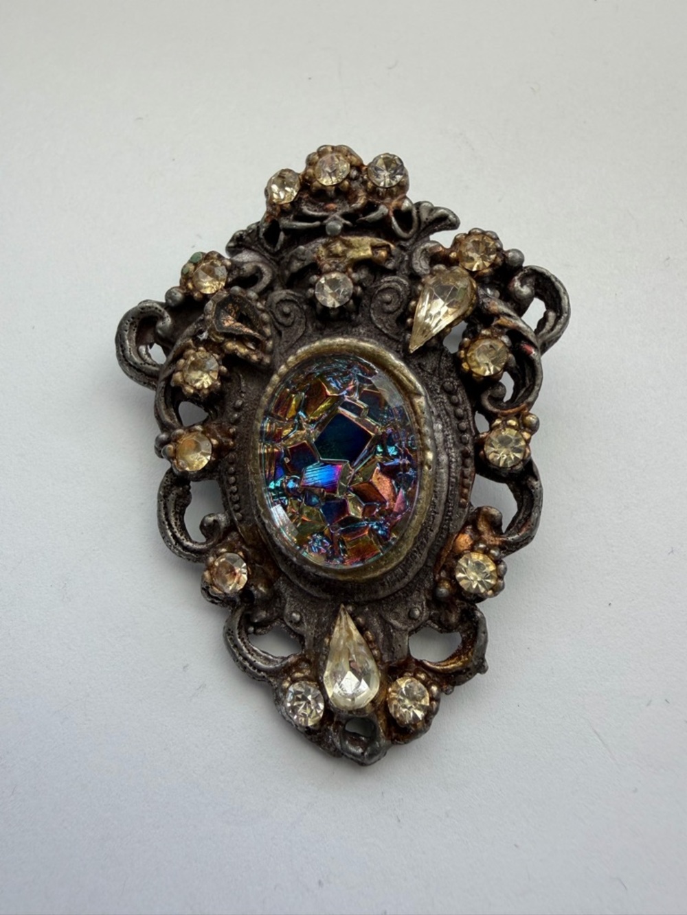 Vintage Gothic AB Rhinestone Brooch Dark Silver Tone